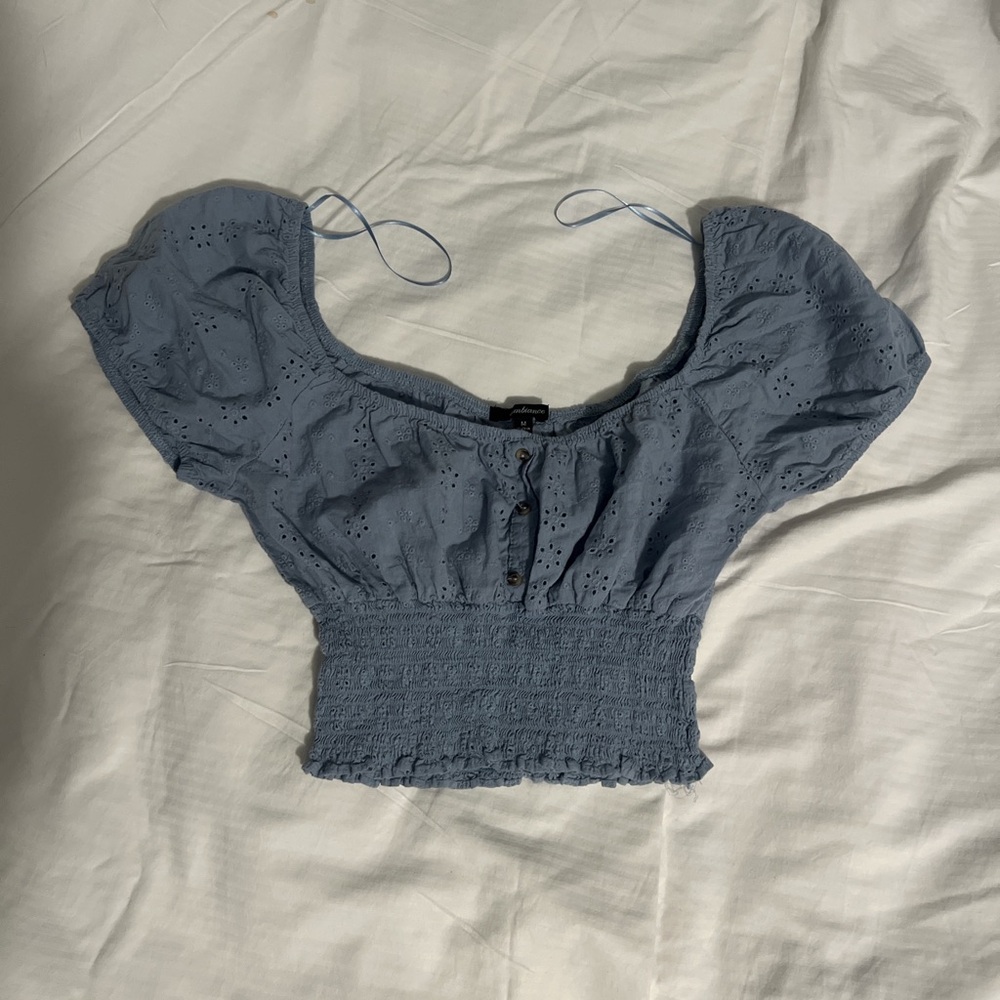 Blue Puff Sleeves Embroidered Crop Top